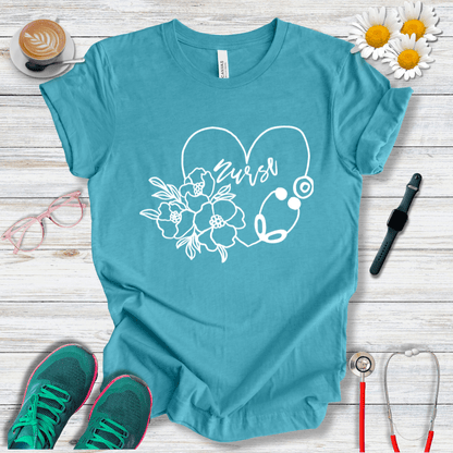Nurse floral + Stethoscope, Heart T-Shirt