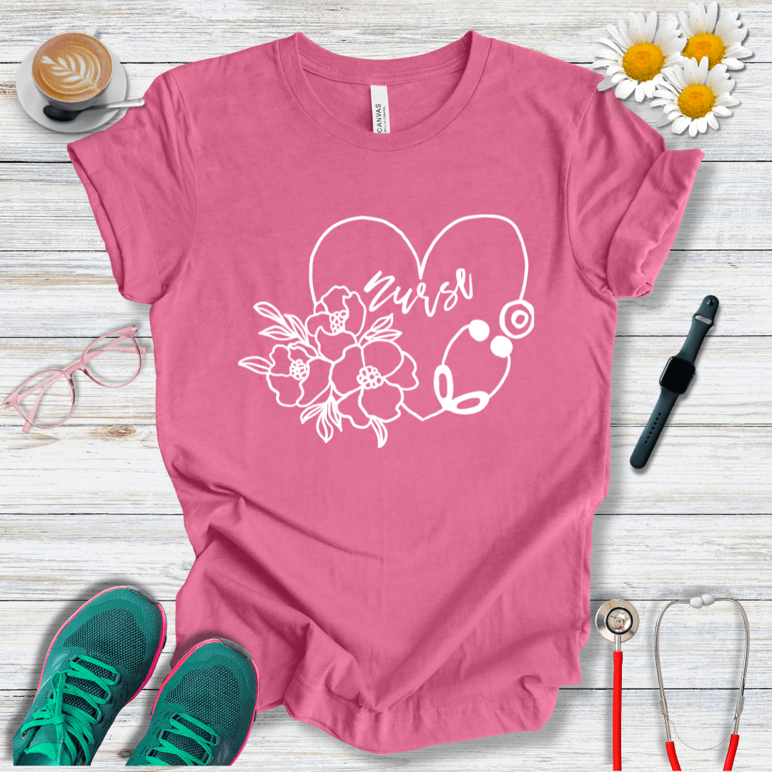 Nurse floral + Stethoscope, Heart T-Shirt