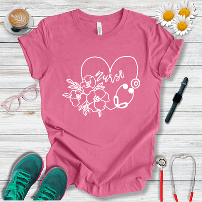 Nurse floral + Stethoscope, Heart T-Shirt
