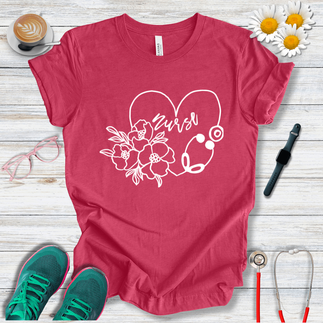 Nurse floral + Stethoscope, Heart T-Shirt