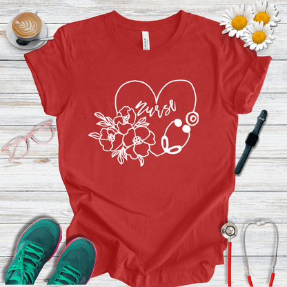 Nurse floral + Stethoscope, Heart T-Shirt