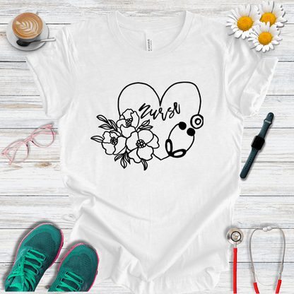 Nurse floral + Stethoscope, Heart T-Shirt