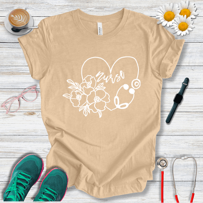 Nurse floral + Stethoscope, Heart T-Shirt