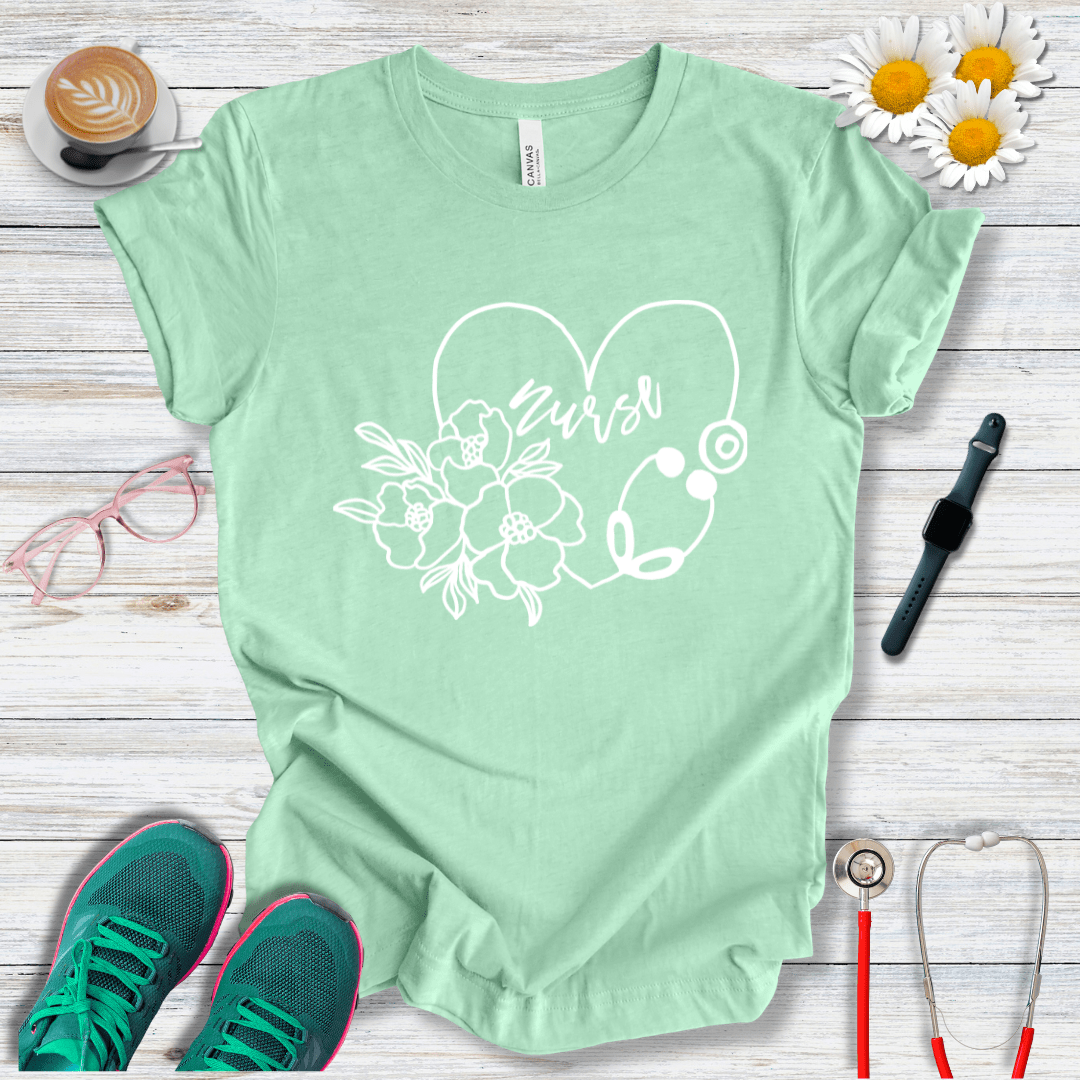 Nurse floral + Stethoscope, Heart T-Shirt