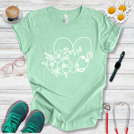 Nurse floral + Stethoscope, Heart T-Shirt