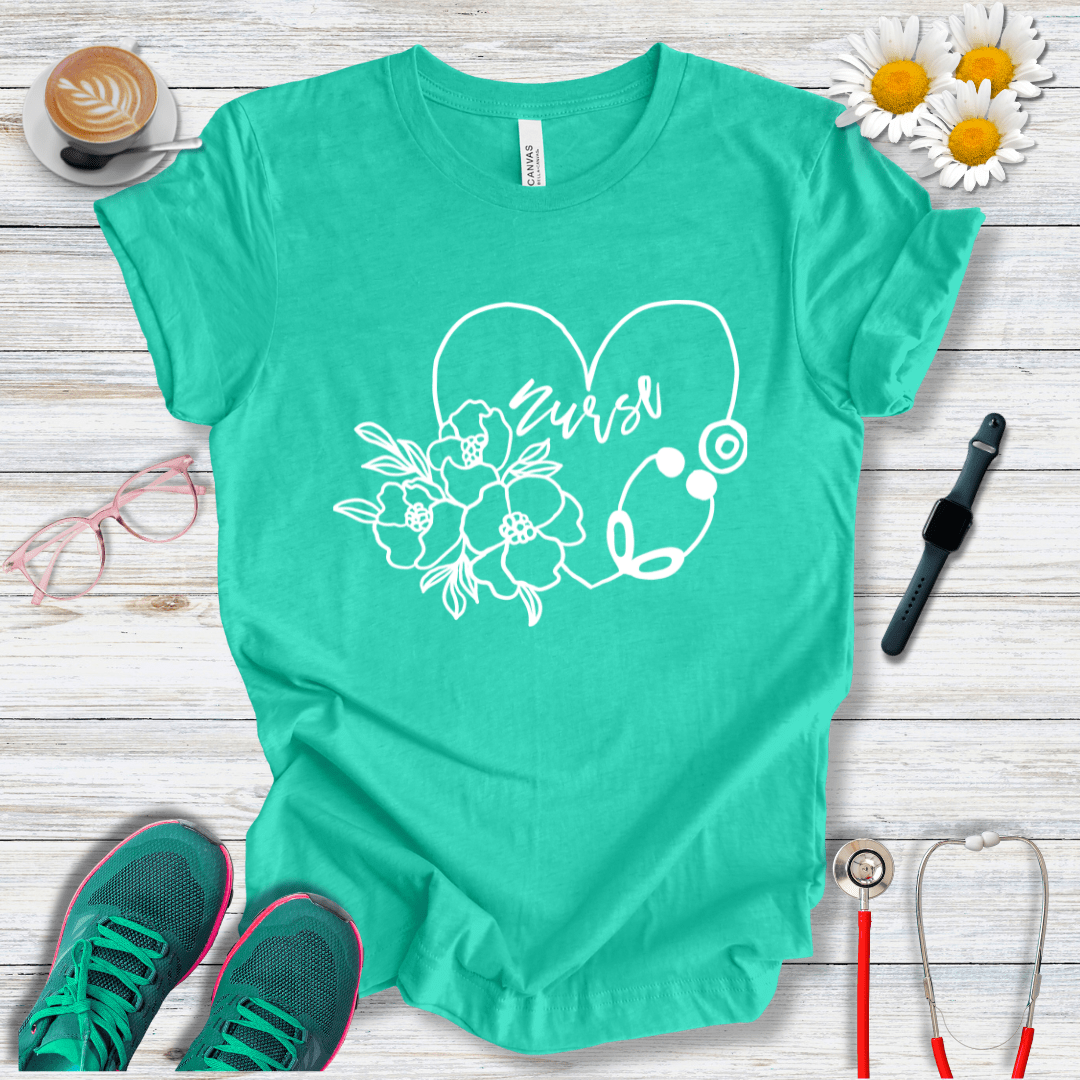 Nurse floral + Stethoscope, Heart T-Shirt