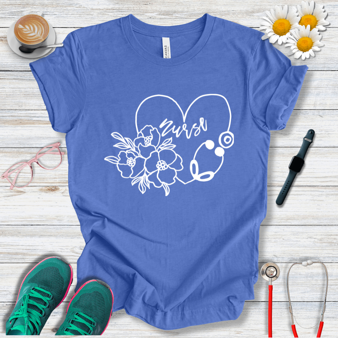 Nurse floral + Stethoscope, Heart T-Shirt