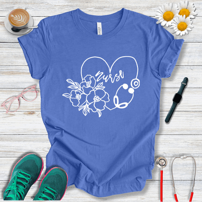Nurse floral + Stethoscope, Heart T-Shirt