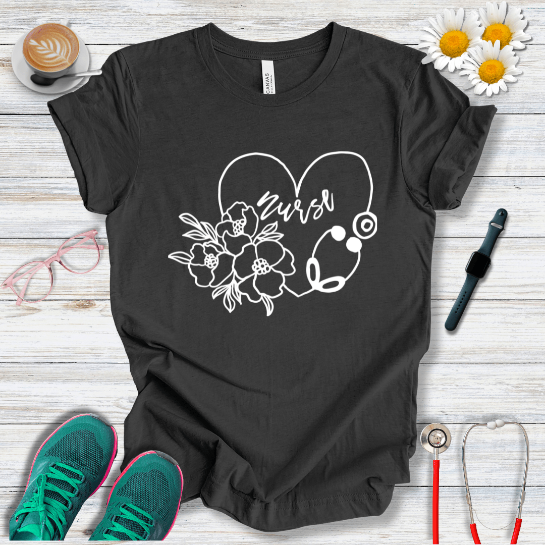 Nurse floral + Stethoscope, Heart T-Shirt